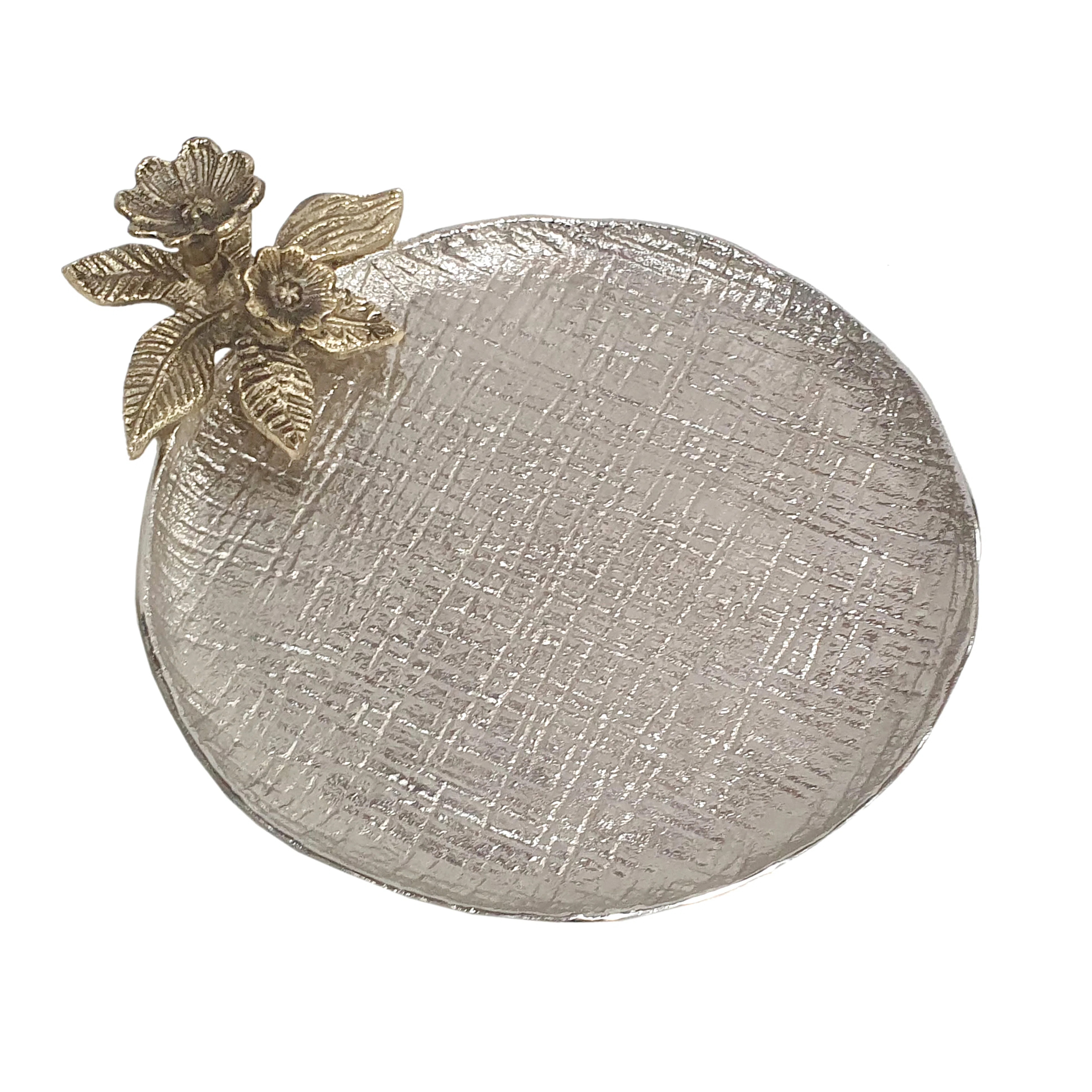 12x10x3" Round Aluminum Tray With Textured Silver Finish And Gold Floral Accent | Wayfair North America