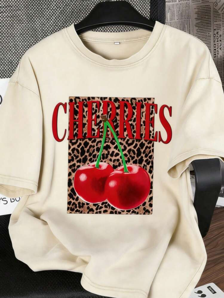 2026 Summer TopsEs Trus Cotton Summer Women's Funny Graphic Tee, Streetwear Style Leopard Print Cherry Letter Pattern, Comfortable Retro Basic Casual Chic Y2K Tee For Door, Regular Petite Punk Slim Fit Black Round Neck Short Sleeve Washed T-ShirtLoose And Comfortableshirt | SHEIN