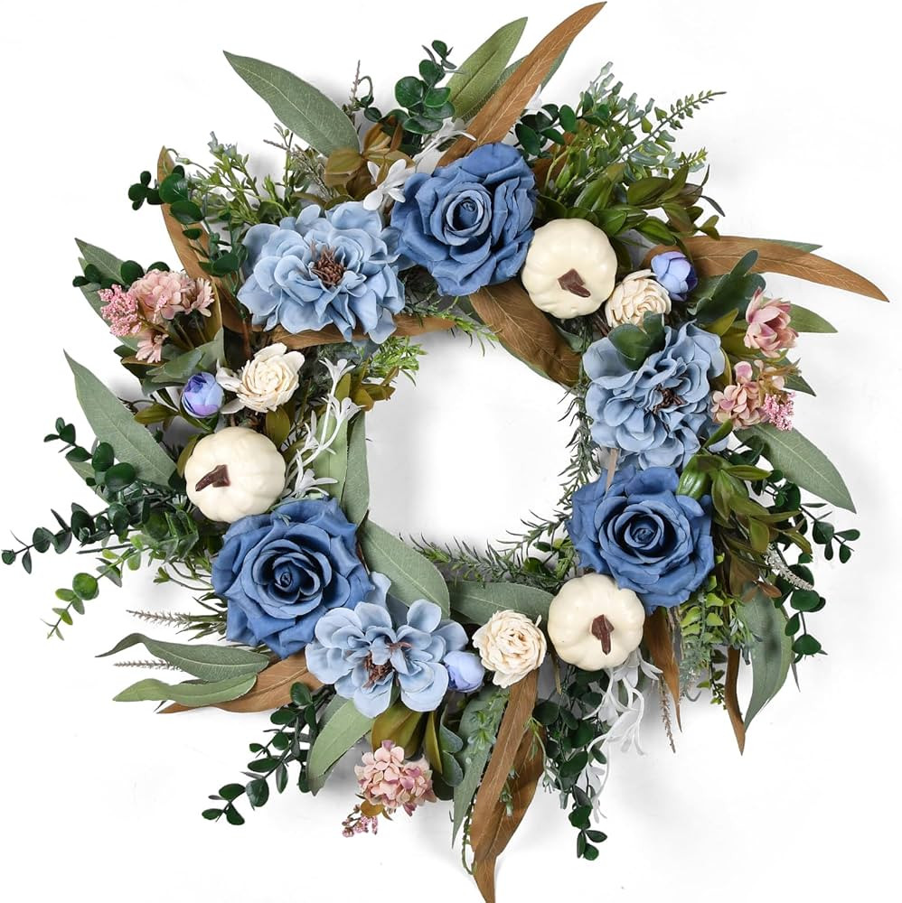 Beinhome Fall Wreath for Front Door, 20 Inch Artificial Autumn Eucalyptus Leaves Pumpkin and Rose... | Amazon (US)