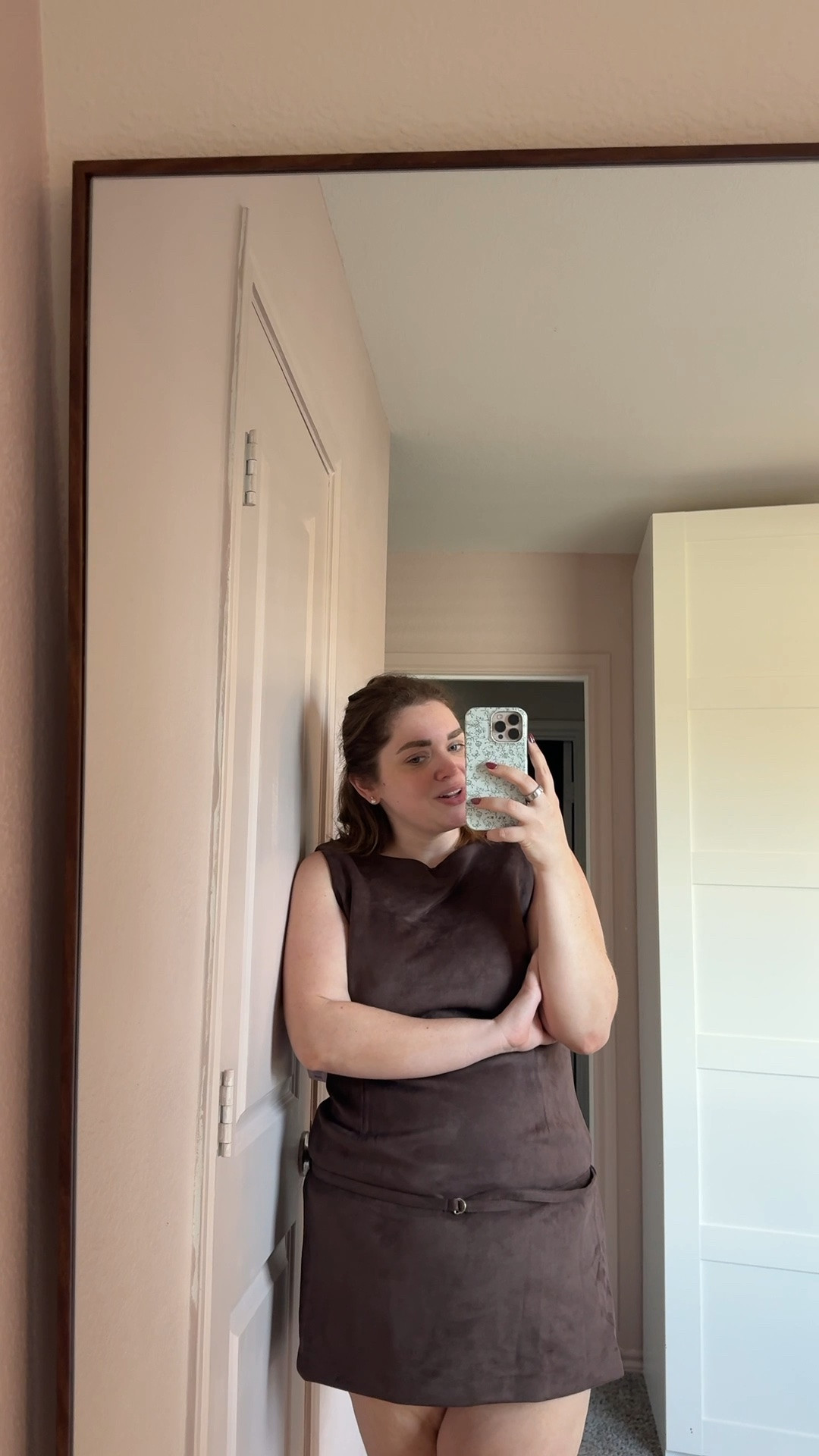 Affordable suede dress wearing xl but it’s too short for me I’m 5’8”