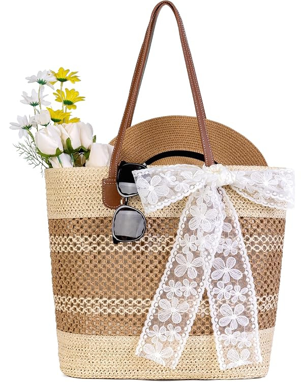 Straw Beach Tote Bag for Women - 2026 Large Handwoven Summer Vacation Purse Zipper for Travel Sho... | Amazon (US)