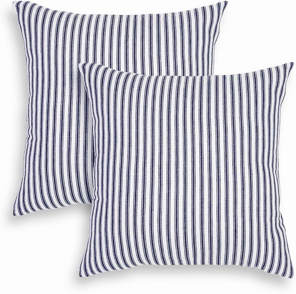 Cackleberry Home Navy Blue and White Ticking Stripe Woven Cotton Decorative Square Throw Pillow C... | Amazon (US)
