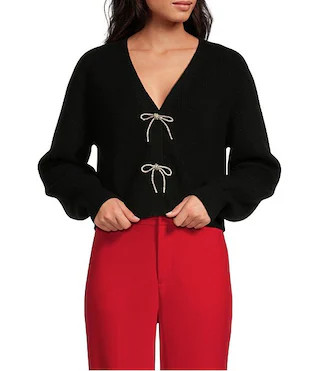 Wool Blend Sweater Knit Rhinestone Bow V-Neck Long Sleeve Cardigan | Dillard's