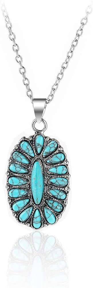 Pingyongchang Natural Turquoise Necklace Boho Bead Silver Cross Vintage Statement Pendant Necklace Handmade Turquoise Western Necklaces Jewelry for Women and Girls | Amazon (US)