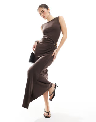 4th & Reckless sleeveless drape wrap ring detail maxi dress in chocolate | ASOS (Global)