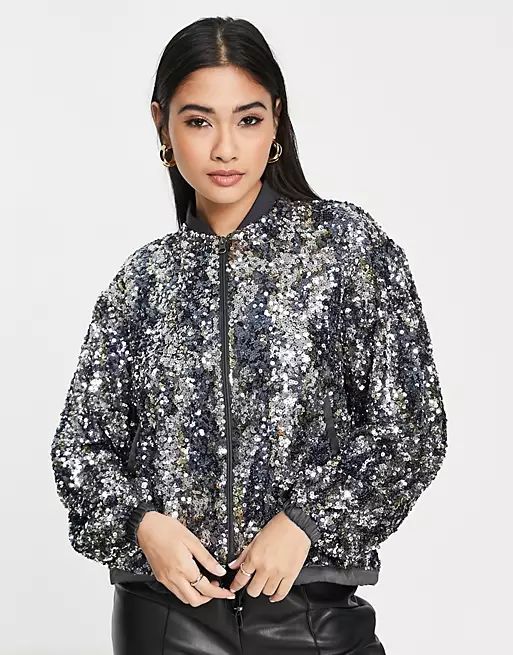 French Connection Binalo sequin bomber jacket in silver - part of a set | ASOS (Global)