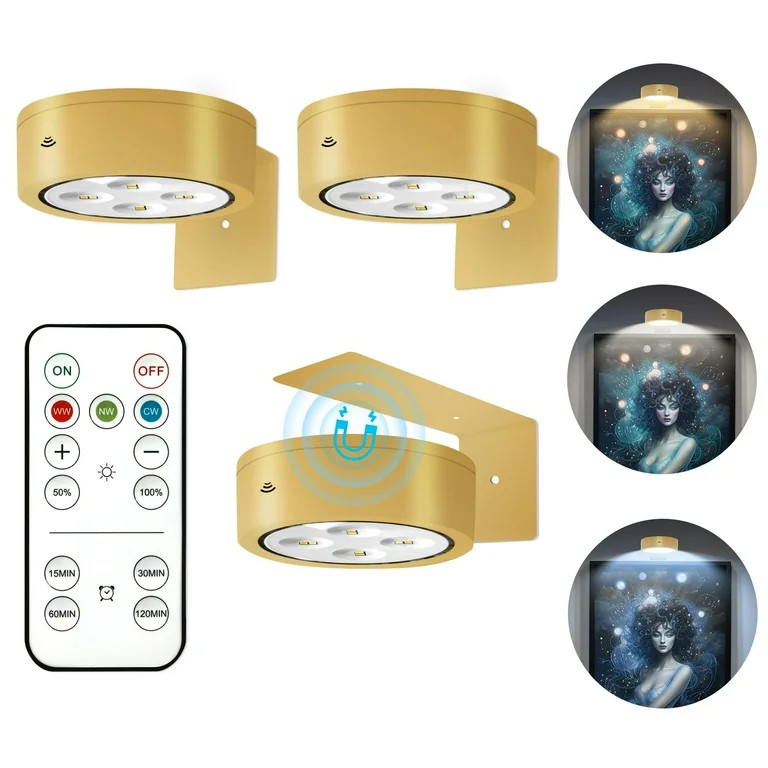 3Pcs Picture Light Battery Operated, Wireless Led Painting Light with Remote Dimmable and Timer, ... | Walmart (US)
