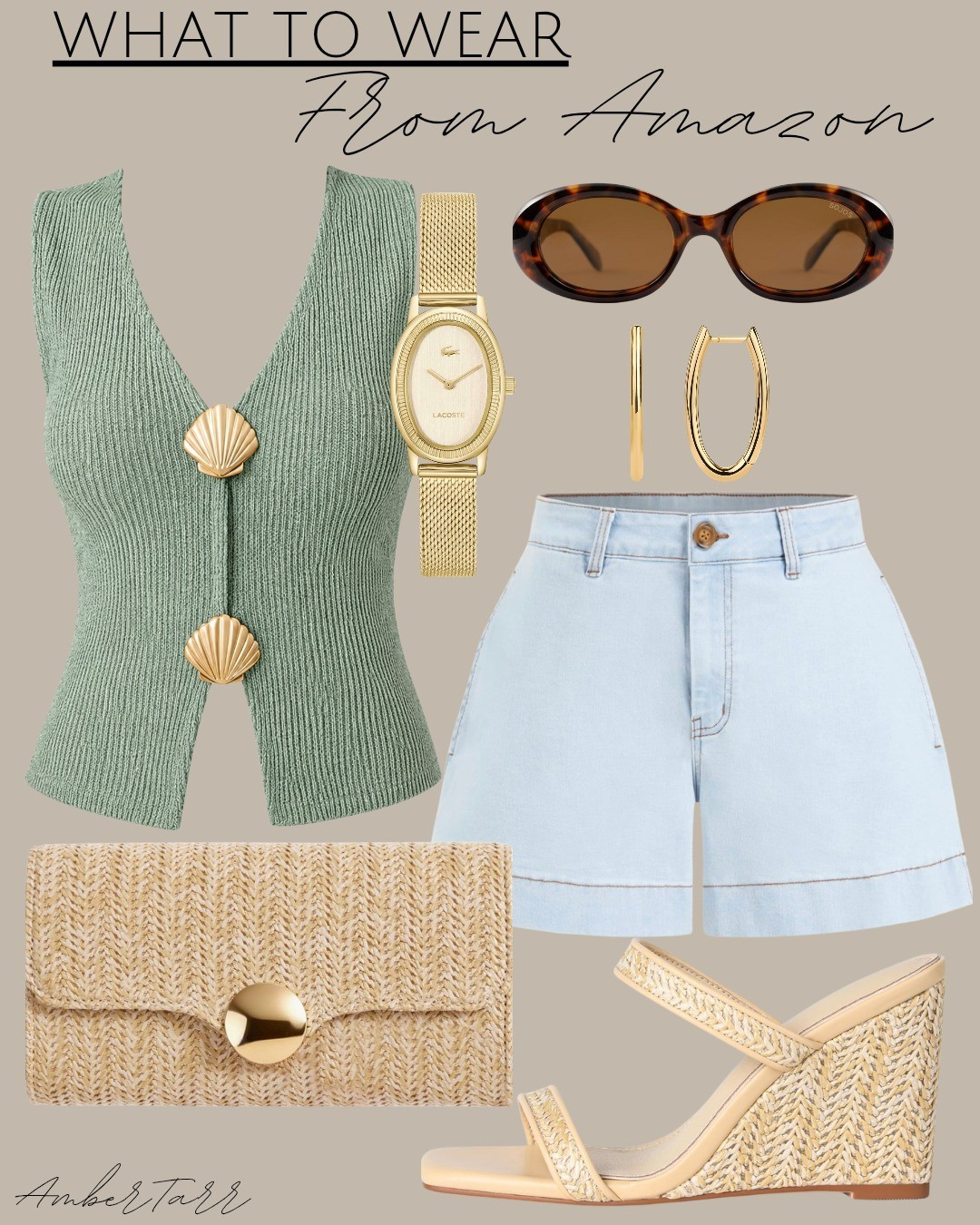 This sage green shell button knit vest paired with light wash denim shorts, a woven raffia clutch, raffia wedge sandals, retro tortoise oval sunglasses, gold oval hoop earrings, and a dainty gold watch is a fresh and feminine summer outfit from Amazon that is casual, chic, and perfect for a warm weather day out or a relaxed summer

#LTKgrwm #LTKootd #LTKOver40