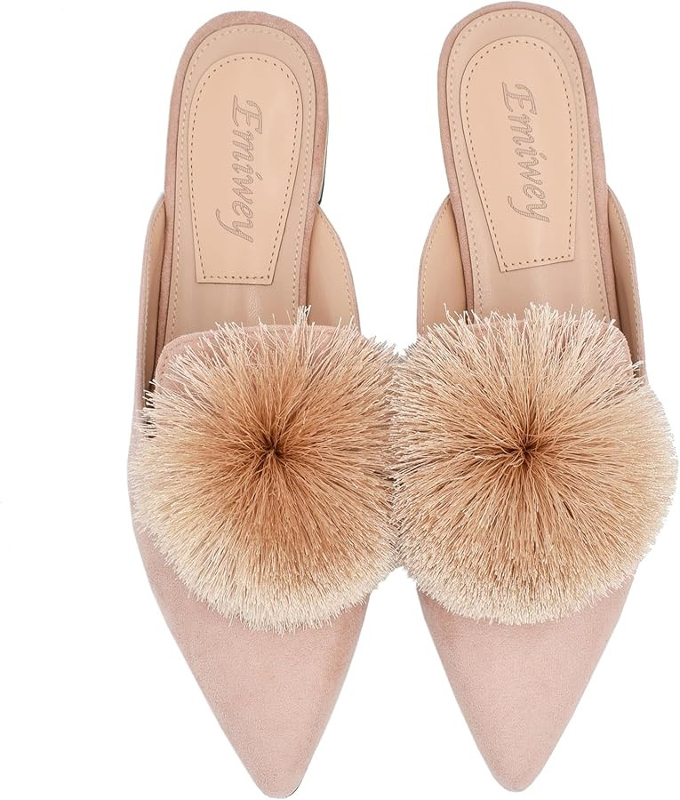 Women's Backless Comfort Slip On Loafers Flats Cute Pom Pom Mule Slippers Casual Shoes | Amazon (US)