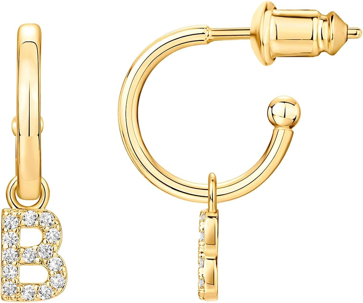 PAVOI 14K Gold Plated 925 Sterling Silver Post Huggie Earring with Initial Dangle - CZ Huggie Hoo... | Amazon (US)