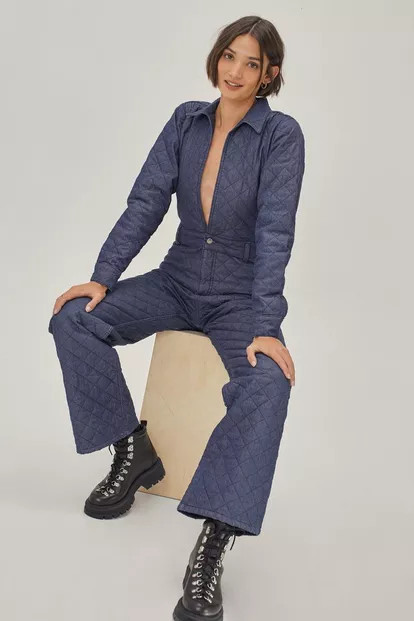Quilted Denim Plunge Collared Boilersuit | NastyGal (UK, IE)