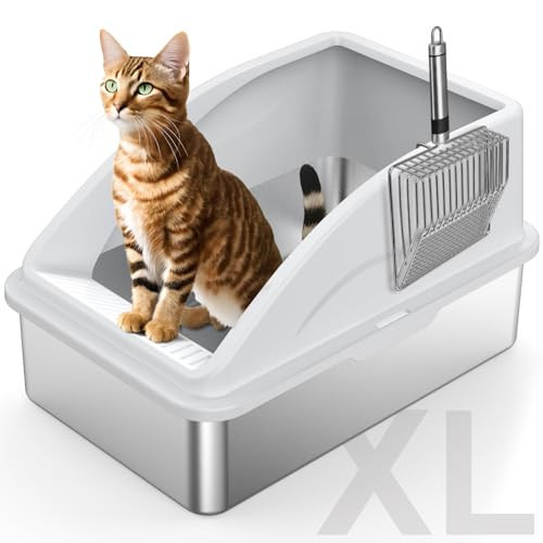 FURTIME Stainless Steel Litter Box with Lid, XL Metal Cat Litter Box for Big Cats, Extra Large Kitty Litter Box High Sided, Non-Sticky, Easy to Clean, Anti-Urine Leakage, Include Metal Litter Scoop | Amazon (US)
