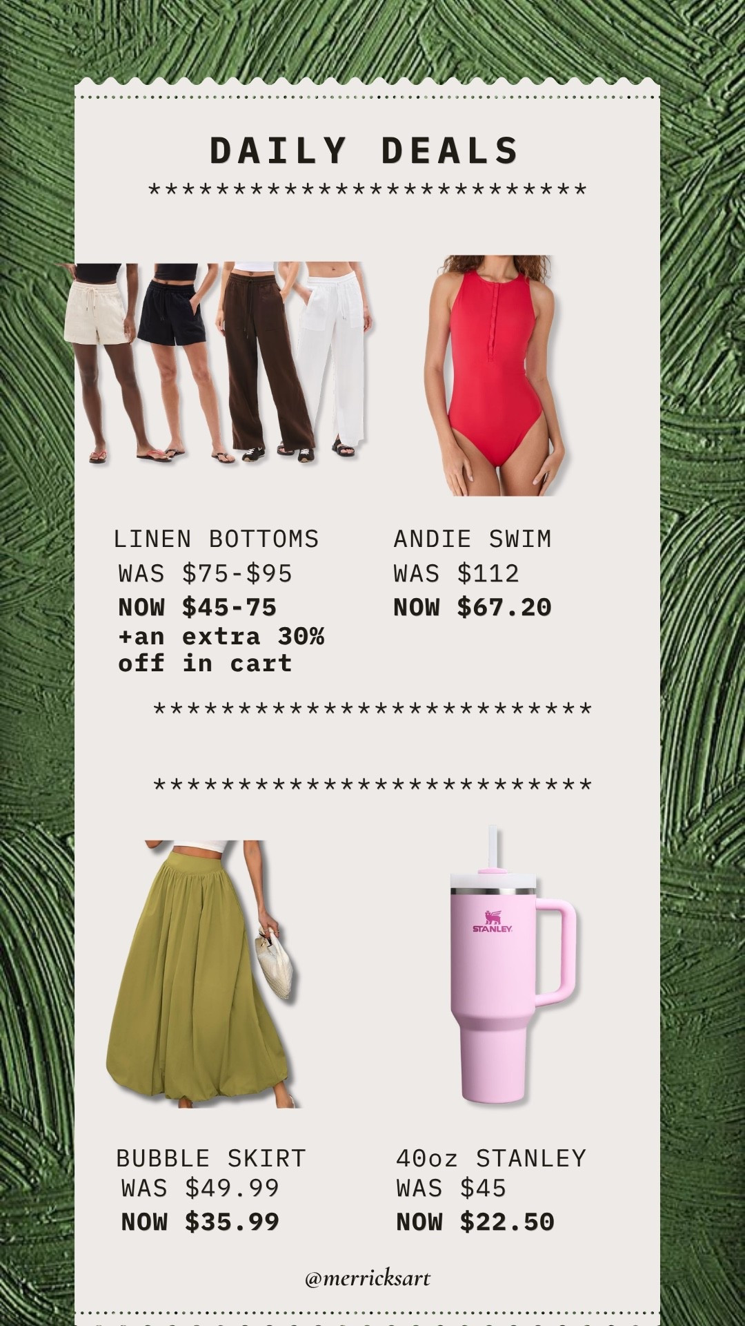 Today’s deals: my favorite linen bottoms all on sale +extra 30% off, one of my most worn swimsuits (amazing quality!), this bubble skirt that is perfect for summer to fall, and this 40oz Stanley that is 50% off!!

#LTKSeasonal #LTKSaleAlert