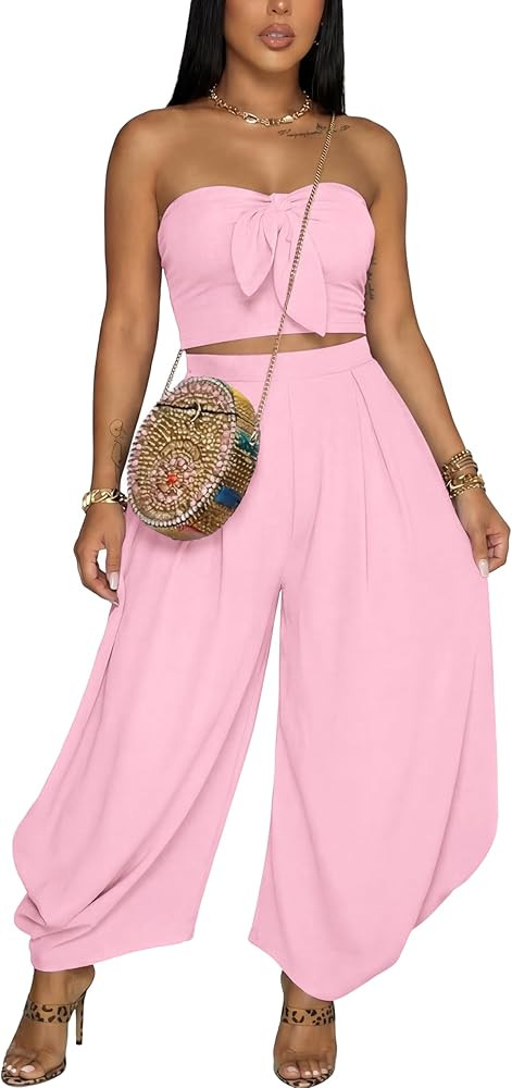Elainone 2 Piece Sets for Women Off Shoulder Sleeveless Top and Wide Leg Pants Casual Outfits wit... | Amazon (US)