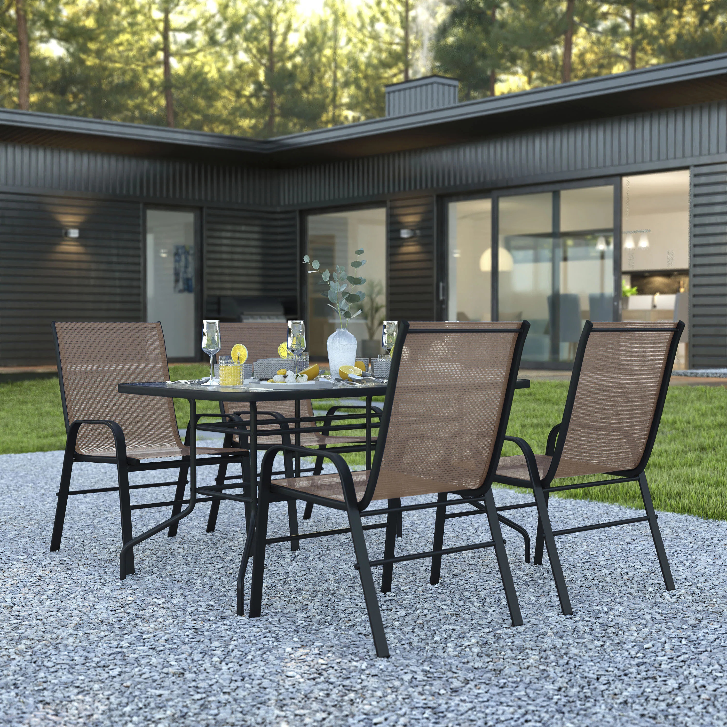 Lark Manor™ Elgin Patio Dining Set with Glass Table and Flex Stack Chairs & Reviews | Wayfair | Wayfair North America