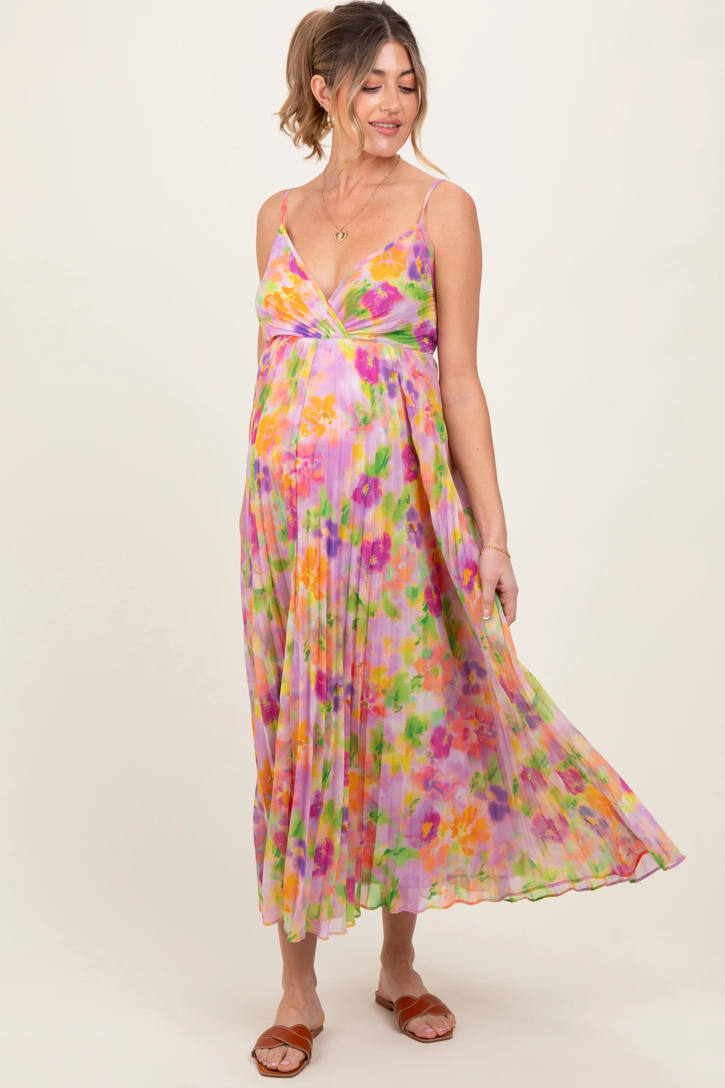 Lilac Floral Pleated Open Back Maternity Maxi Dress | PinkBlush Maternity