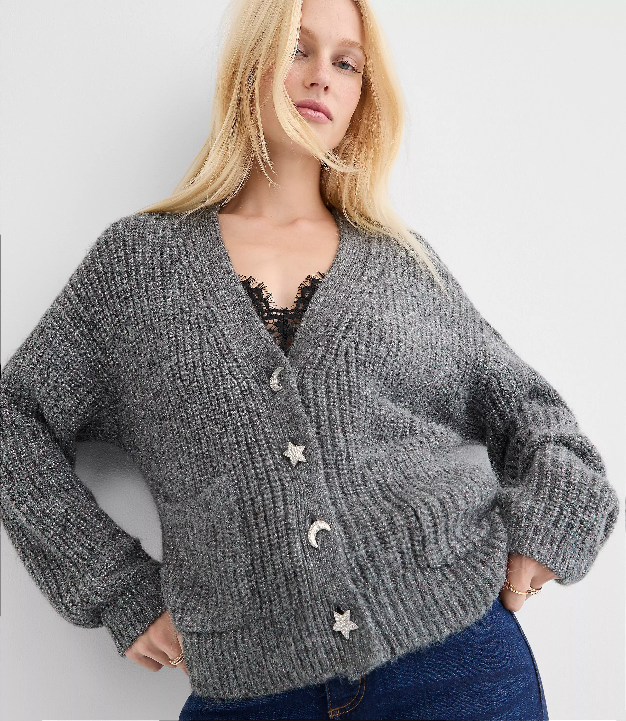 Shimmer Moon & Star Jeweled Button Cardigan | LOFT