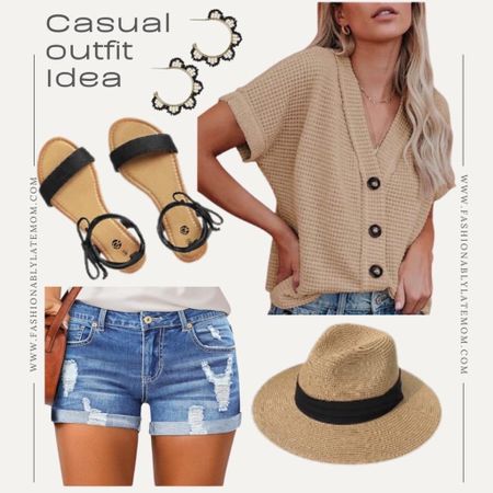 Loving this casual basic summer ootd! 
Fashionablylatemom 
Rekayla Open Toe Tie Up Ankle Wrap Flat Sandals for Women
LookbookStore Women's High Waisted Rolled Hem Distressed Jeans Ripped Denim Shorts
Lanzom Women Wide Brim Straw Panama Roll up Hat Fedora Beach Sun Hat UPF50+
INK +ALLOY Boho Beaded Hoop Earrings, Luna Seed Bead Scalloped Gold Statement Hoops, Summer Beach Earrings for Girls, Handmade Jewelry for the Modern Bohemian, 1.5-Inch Length
Dokotoo Womens Summer Tops 2024 Waffle Knit Button Down Shirts Casual V Neck Short Sleeve Shacket Jacket Dressy Blouses

#LTKsalealert #LTKstyletip #LTKshoecrush