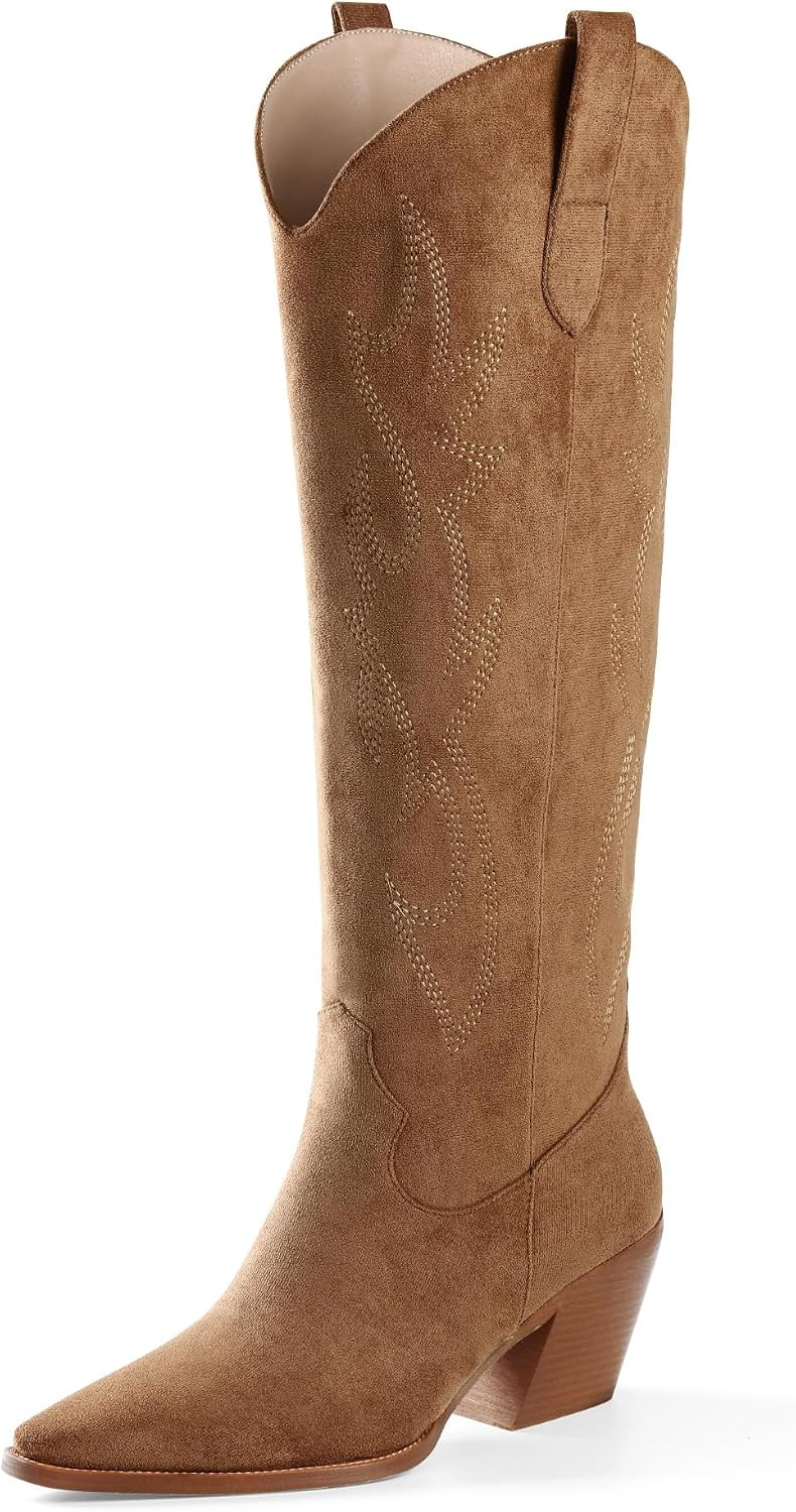 Cowgirl Boots Women Knee High Boots Pointed Toe and Block Heel Cowboy Suede and Faux Leather Boots with Embroidered | Amazon (US)