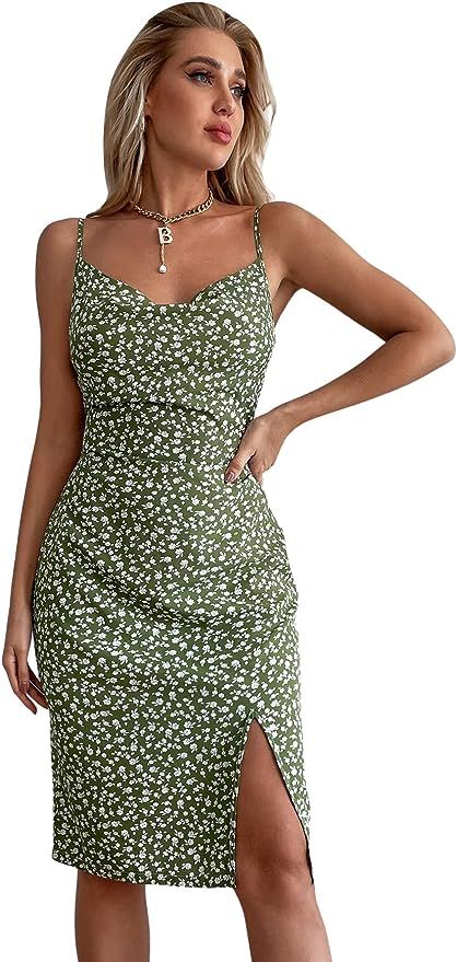 SheIn Women's Floral Cowl Neck Split Thigh Sleeveless Strappy Midi Cami Dress | Amazon (US)