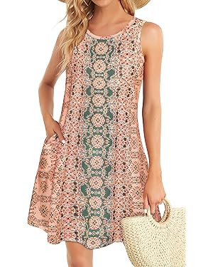 Summer Dresses for Women Beach Boho Sleeveless Vintage Floral Flowy Pocket Tshirt Tank Sundresses | Amazon (US)