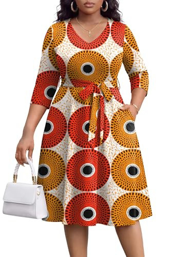 FANDEE Plus Size Midi Dresses for Women - African Printing Dress V Neck for Wedding Guest Cocktail with Pockets Orange Print XL | Amazon (US)