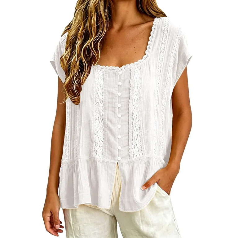 CXHEGBEJ Boho Lace Trim Top For Women Summer Flowy Button Down Square Neck Cap Sleeve Cardigan Lo... | Walmart (US)