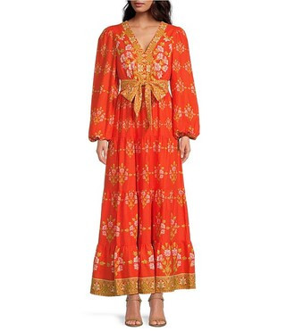 Floral Printed Linen Blend Long Sleeve V-Neck Self Tie Maxi Dress | Dillard's