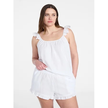 Joyspun Women's Seersucker Sleep Cami and Shorts Set with Ruffle, 2-Piece, Sizes XS-3X | Walmart (US)
