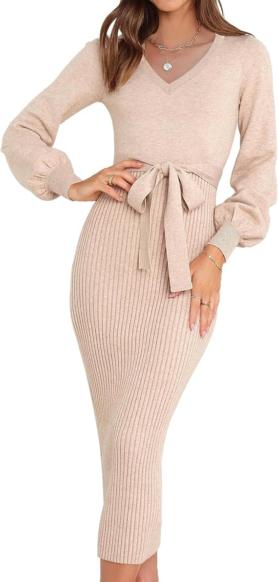 HAEOF Womens 2024 Fall & Winter Sweater Dress Elegant Ribbed Knit V Neck Long Puff Sleeve Bodycon... | Amazon (US)