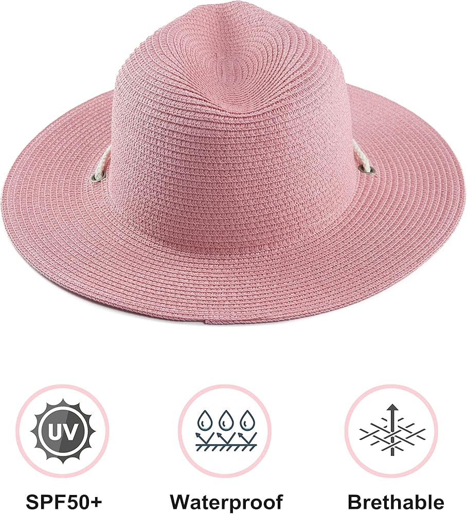 Koreshion Women Straw Panama Hat Summer Wide Brim Fedora Cap Beach Sun Hats UPF50+ | Amazon (US)
