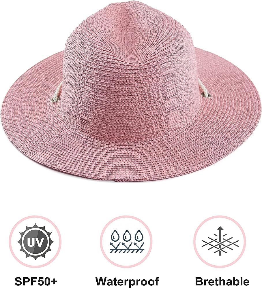 Koreshion Women Straw Panama Hat Summer Wide Brim Fedora Cap Beach Sun Hats UPF50+ | Amazon (US)