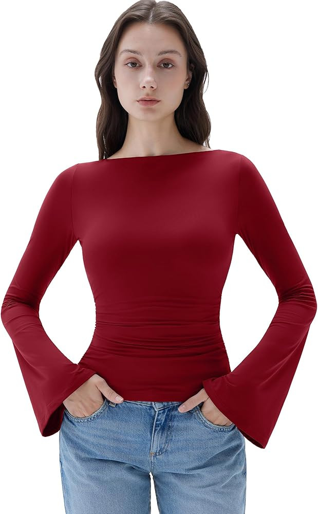 SUUKSESS Women Crew Neck Bell Sleeve Tops Double Lined Going Out Fitted Basic T Shirts | Amazon (US)