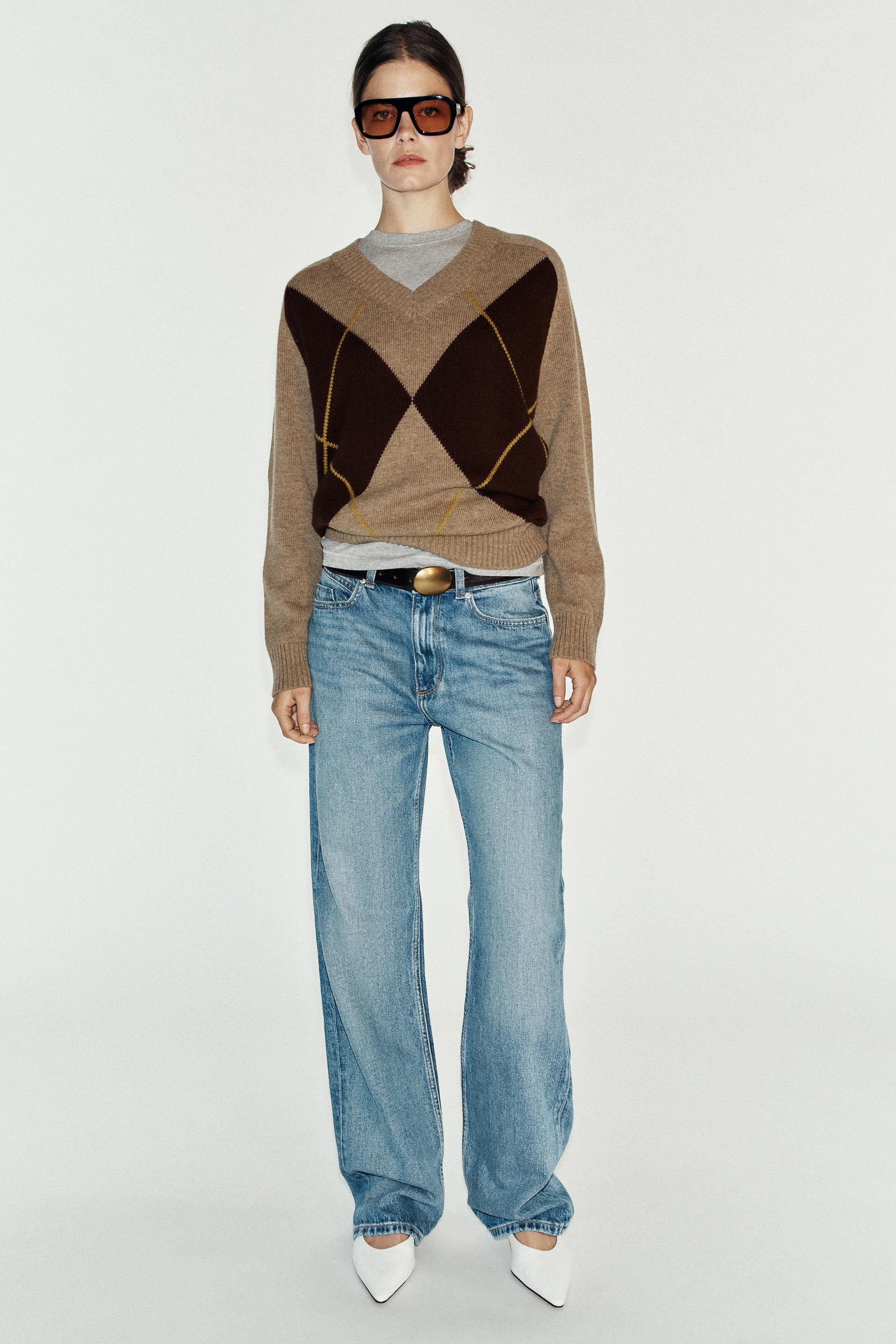Zara - Argyle Knit Jumper - Mid-Camel - M - Woman | Zara UK