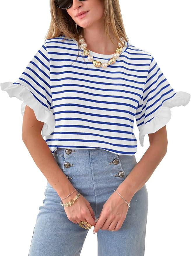 Tankaneo Women Striped Tops Ruffle Sleeve Casual Basic T Shirts Crewneck Short Sleeve Shirt Summe... | Amazon (US)