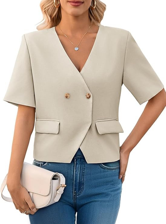Cicy Bell Womens Cropped Short Sleeve Blazers V Neck Button Down Lightweight Work Casual Suit Jac... | Amazon (US)