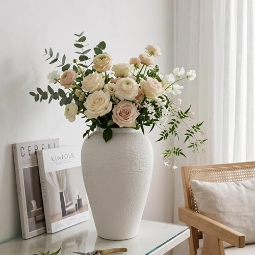 Vintage Ceramic Vase, Minimalist Texture Stone Patterned White Flower Vase, Decorative Vase for Living Room Shelf Farmhouse Dining Table Centerpiece Decor (Texture 9.3'' Tall) | Amazon (US)