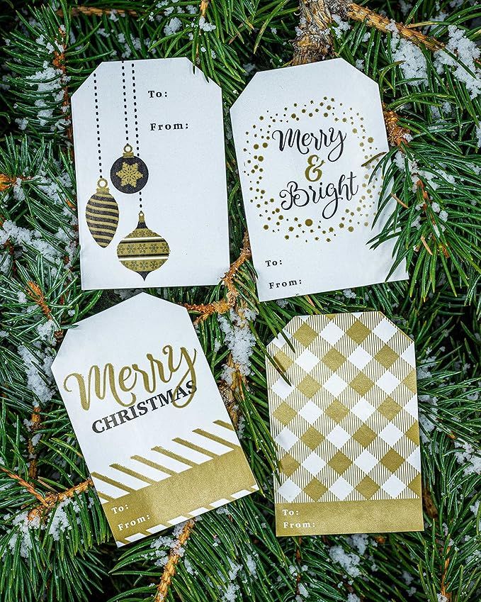 Gift Tag Holiday Present Stickers Merry & Bright 4 Different Designs 2 x 3 Inch 100 Total Labels | Amazon (US)
