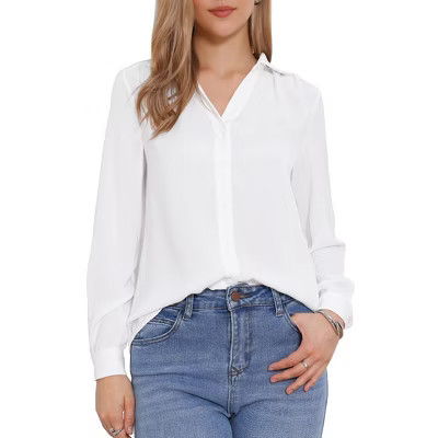 INSPIRE CHIC Women's Button Down Collared V Neck Long Sleeve Casual Blouse X-Small White | Target
