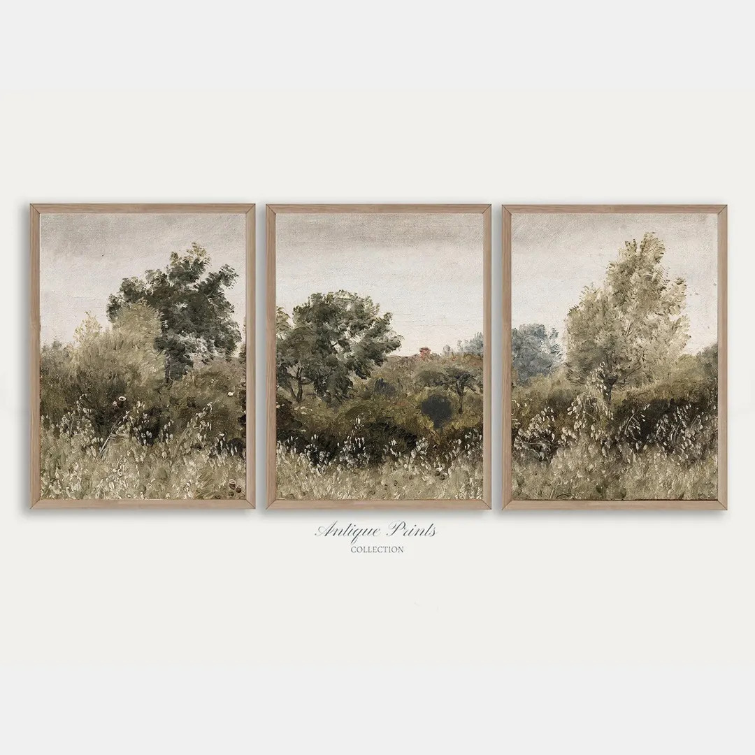 Vintage Neutral Landscape 3 Pieces Wall Art, Wildflower Field Set of 3 Split Prints, Country Pain... | Etsy (US)