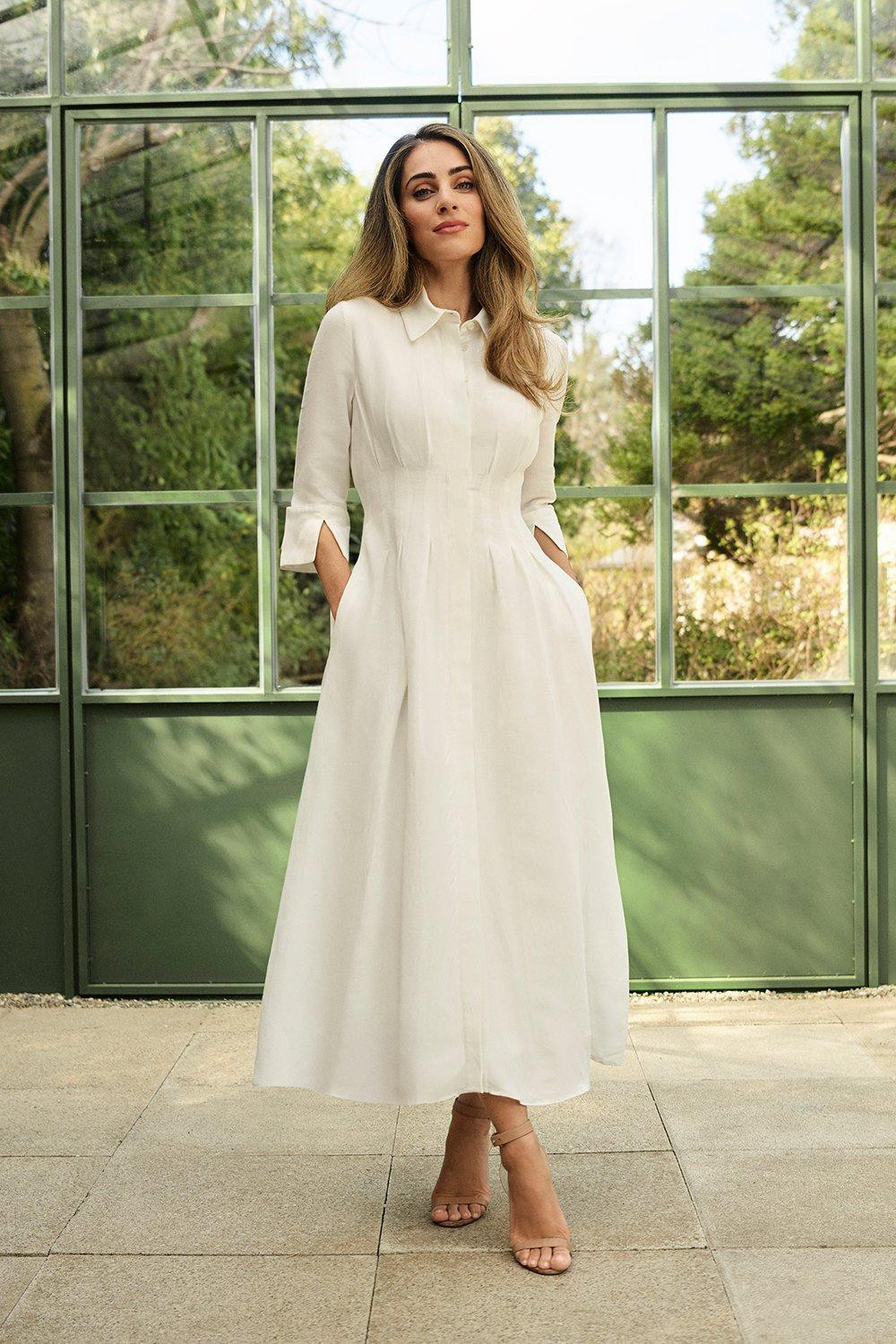 Lydia Millen Petite Premium Tailored Linen Darted Waist Midi Dress | Karen Millen US