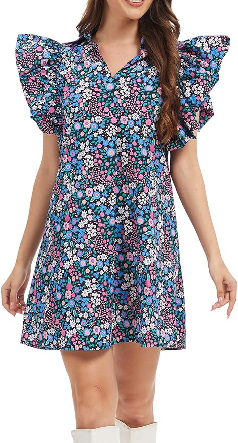 hibshaby Women's Floral Babydoll Mini Dress V-Neck Ruffle Sleeve Cute Dress Sundress | Amazon (US)