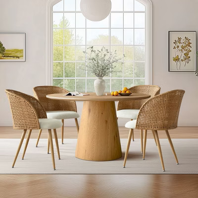 Linen Armrest Dining Chairs Set Of 4,Double Layer Rattan Dining Chair Beige Upholstered For Kictien Dining Room-Tanpinhause | Target