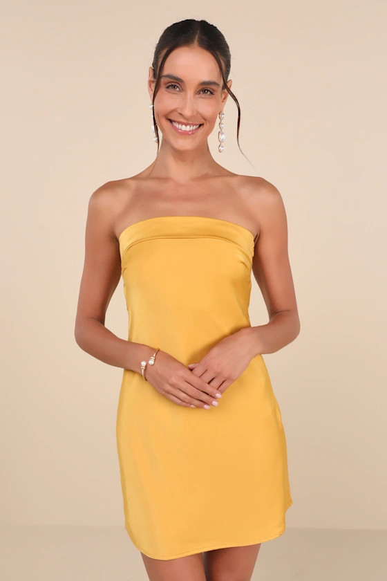 Exquisite Approach Marigold Satin Strapless Cowl Back Mini Dress | Lulus
