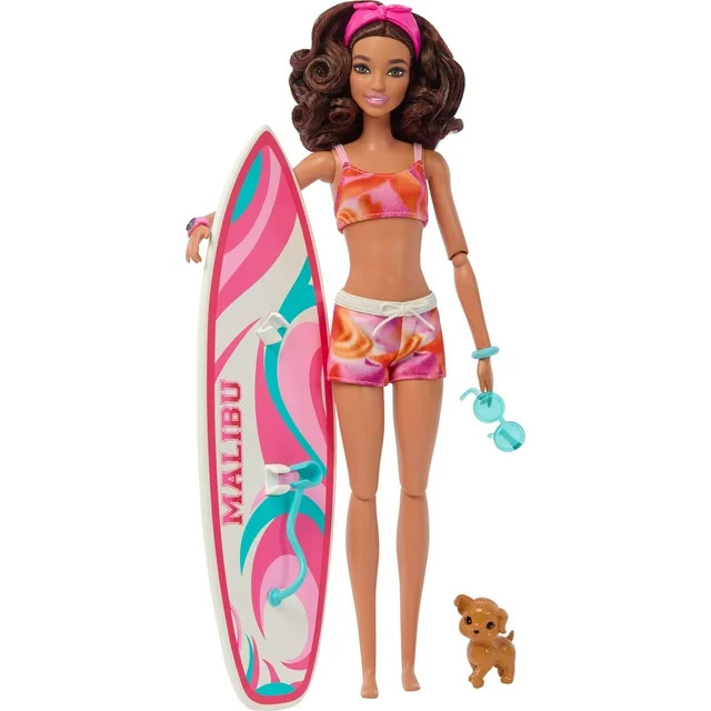 Barbie Doll with Surfboard and Puppy, Poseable Brunette Barbie Beach Doll - Walmart.com | Walmart (US)