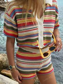 Spring And Summer Women's Casual Fashion Clashing Color Rainbow Stripes Lapel Button Design Knitt... | SHEIN