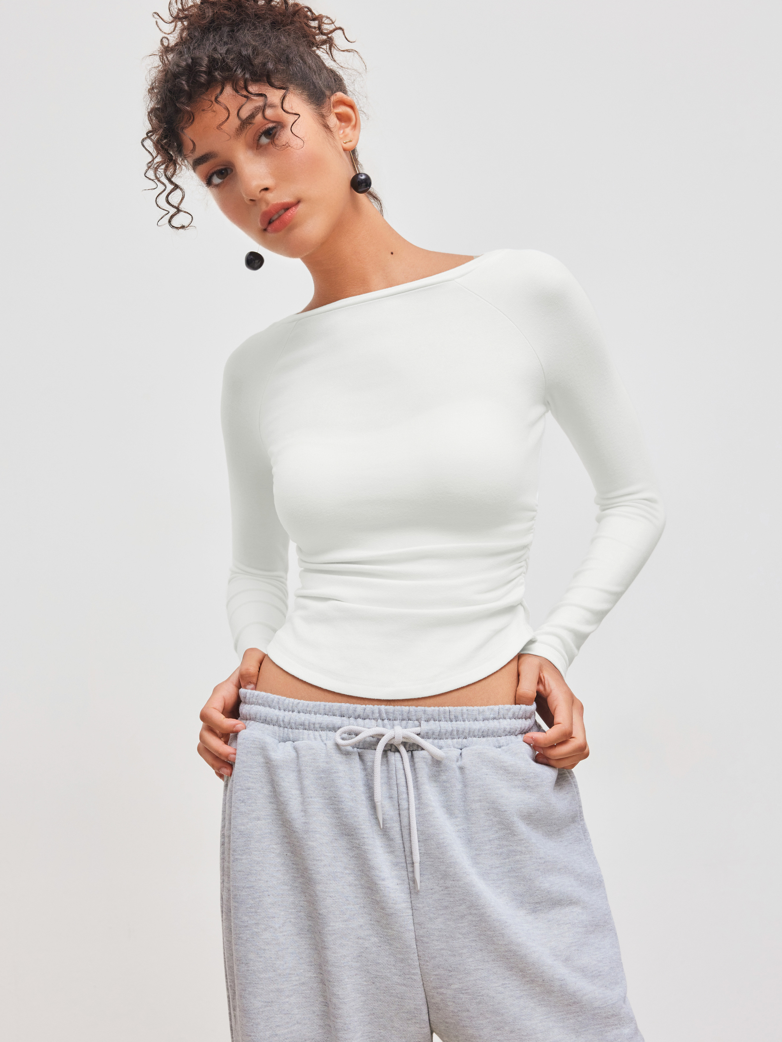 Basic & Thermal Knit Fabric Thermal Cotton-blend Boat Neck Solid Ruched Long Sleeve Tee | Cider