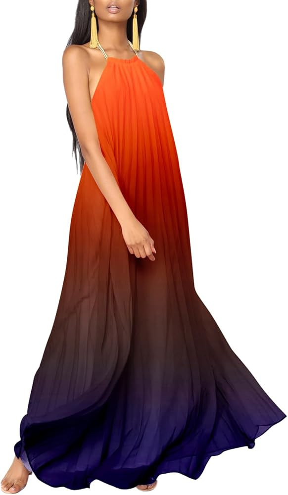 Paintcolors Women's Halter Sleeveless Long Maxi Dress Backless Casual Loose Ombre Summer Beach Ch... | Amazon (US)