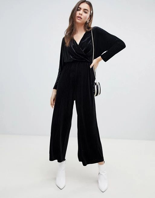 Monki velvet wrap front jumpsuit in black stripe | ASOS US