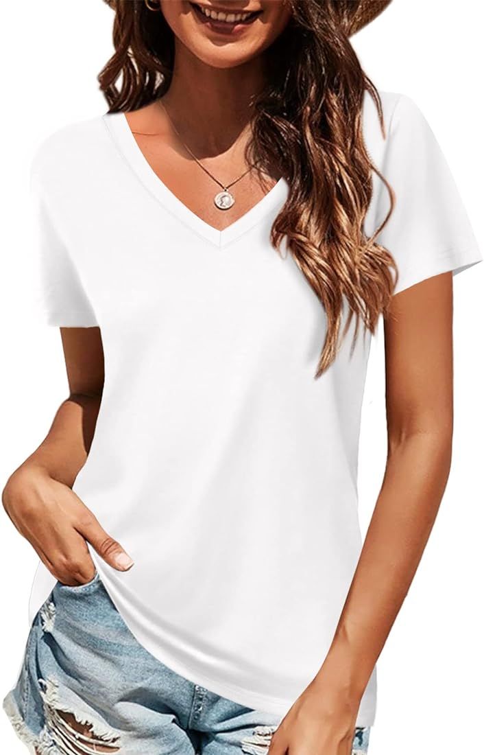 Elesomo Women Shirts V Neck Short/Long Sleeve Cotton Tops T-Shirt Basic Tees | Amazon (US)